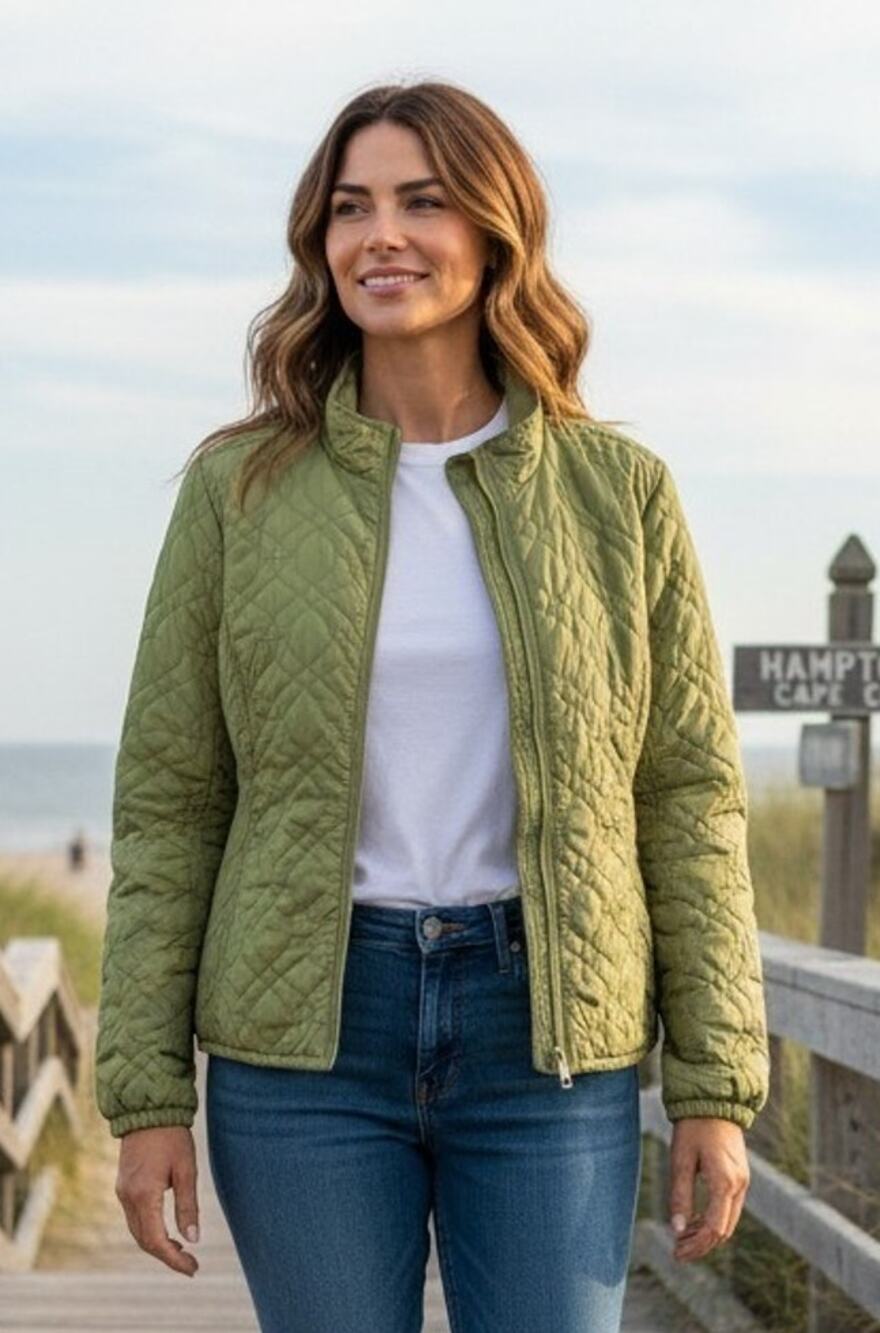 Eddie Bauer Quilted Jacket Gorpcore Equestrian Full Zip Stand Collar Green Sz L